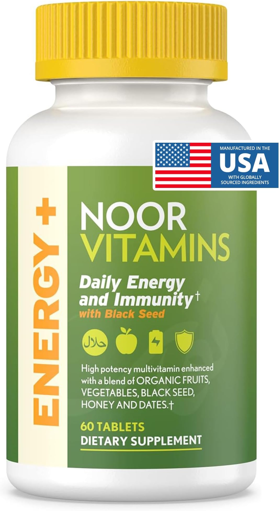 - Noor Vitamins Energy+ Multivitamin; Halal Vitamin for Energy Production & Immunity, 26 Vitamins & Minerals, Black Seed, Dates, Honey, for Men & Women. Gelatin Free, 2 Month Supply