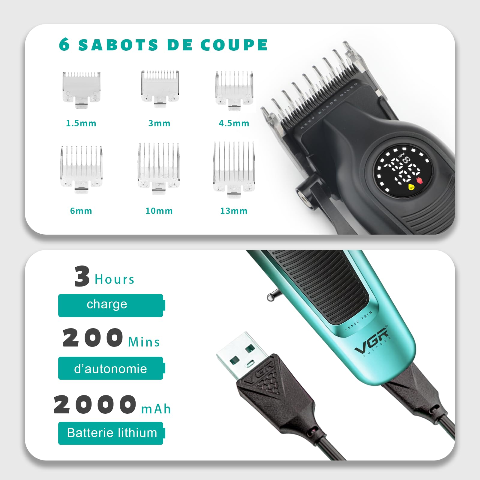 VGR 196 Tondeuse Cheveux Hommes Professionnel Sans Fil, Lames En Céramique