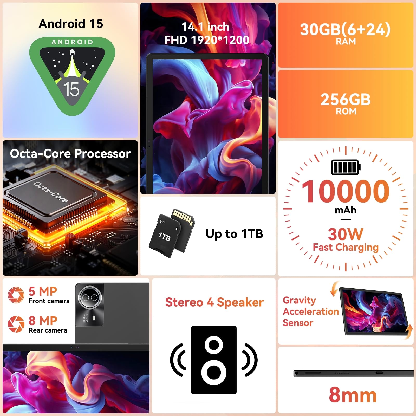 Tablet｜14 inch Android 15 Tablet｜30GB RAM 256GB ROM｜1920 * 1200 IPS FHD｜10000mAh 30W Fast Charging｜Octa-core Processor｜Wi-Fi 6, BT 5.4｜Dual Camera with Keyboard｜Mouse｜Stylus｜Case｜Headphone