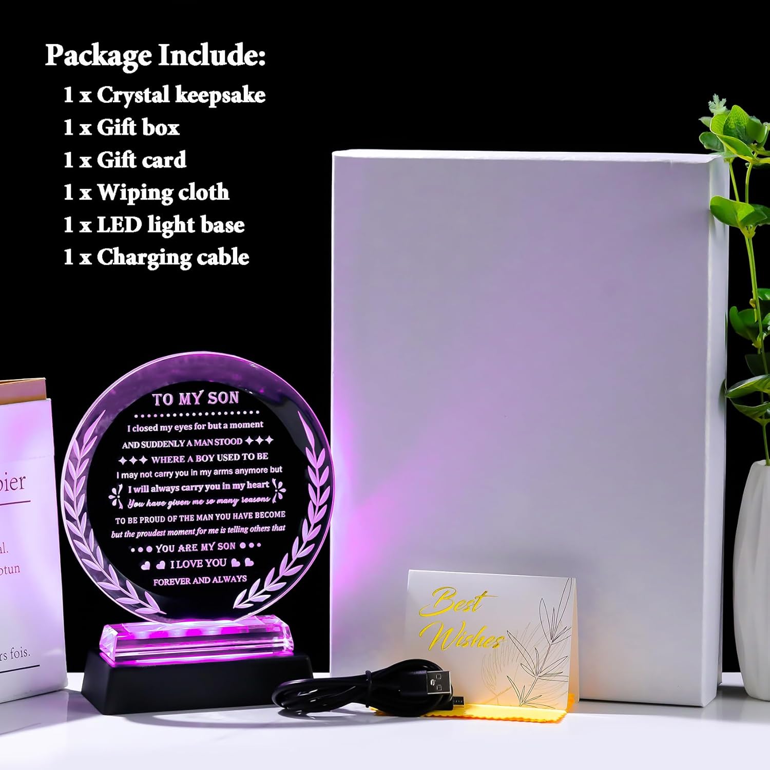 Meaningful Son Gifts from Mom Dad Inspirational Birthday Gifts for Adult Son Crystal Keepsake with LED Base To My Son Present on Graduation Fathers Day Christmas Valentines