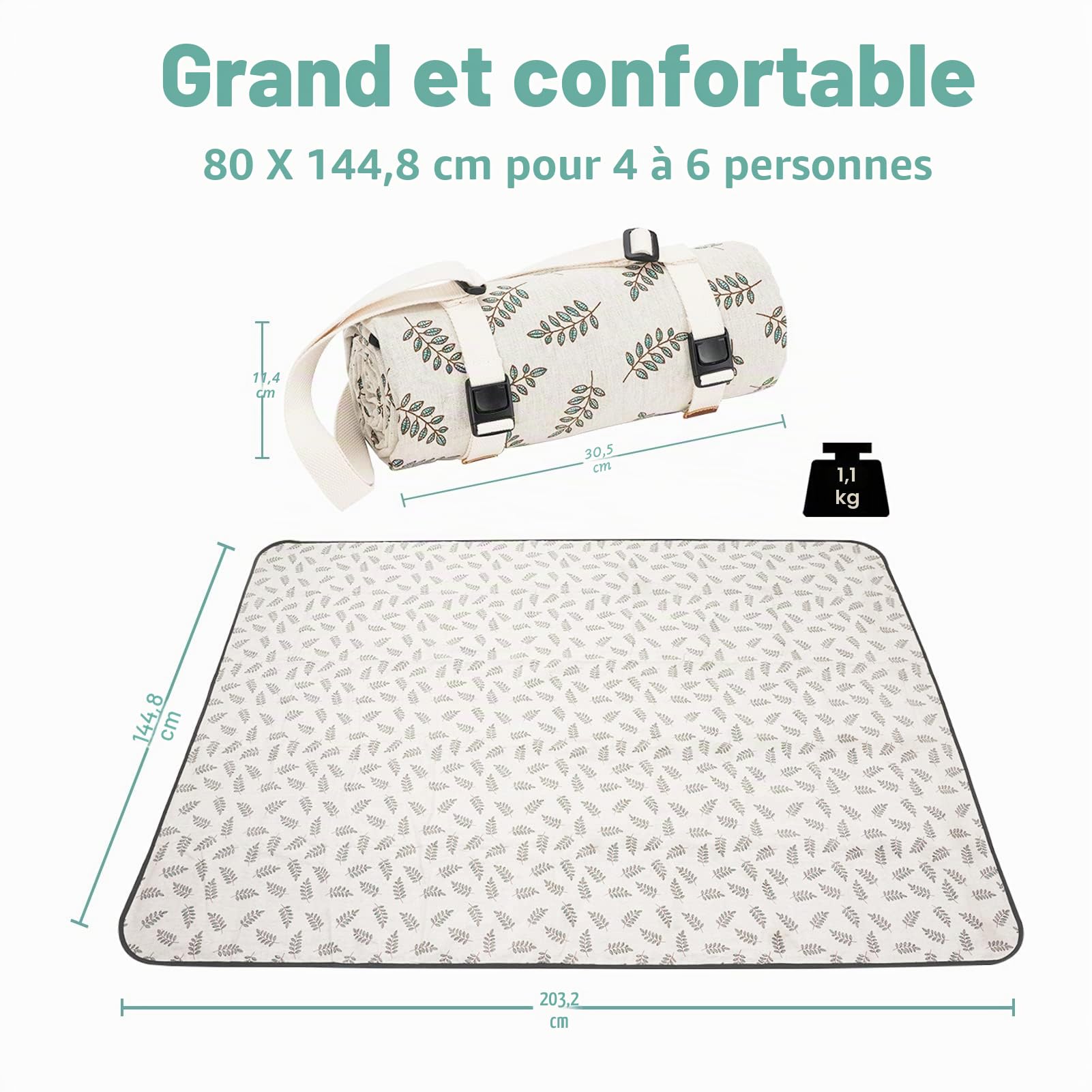 WILLOW WEAVE Couvertures de pique-nique lavables pour camping, couvertures d'urgence, paniers de pique-nique, accessoires avec dos imperméable et bandoulière – Feuille
