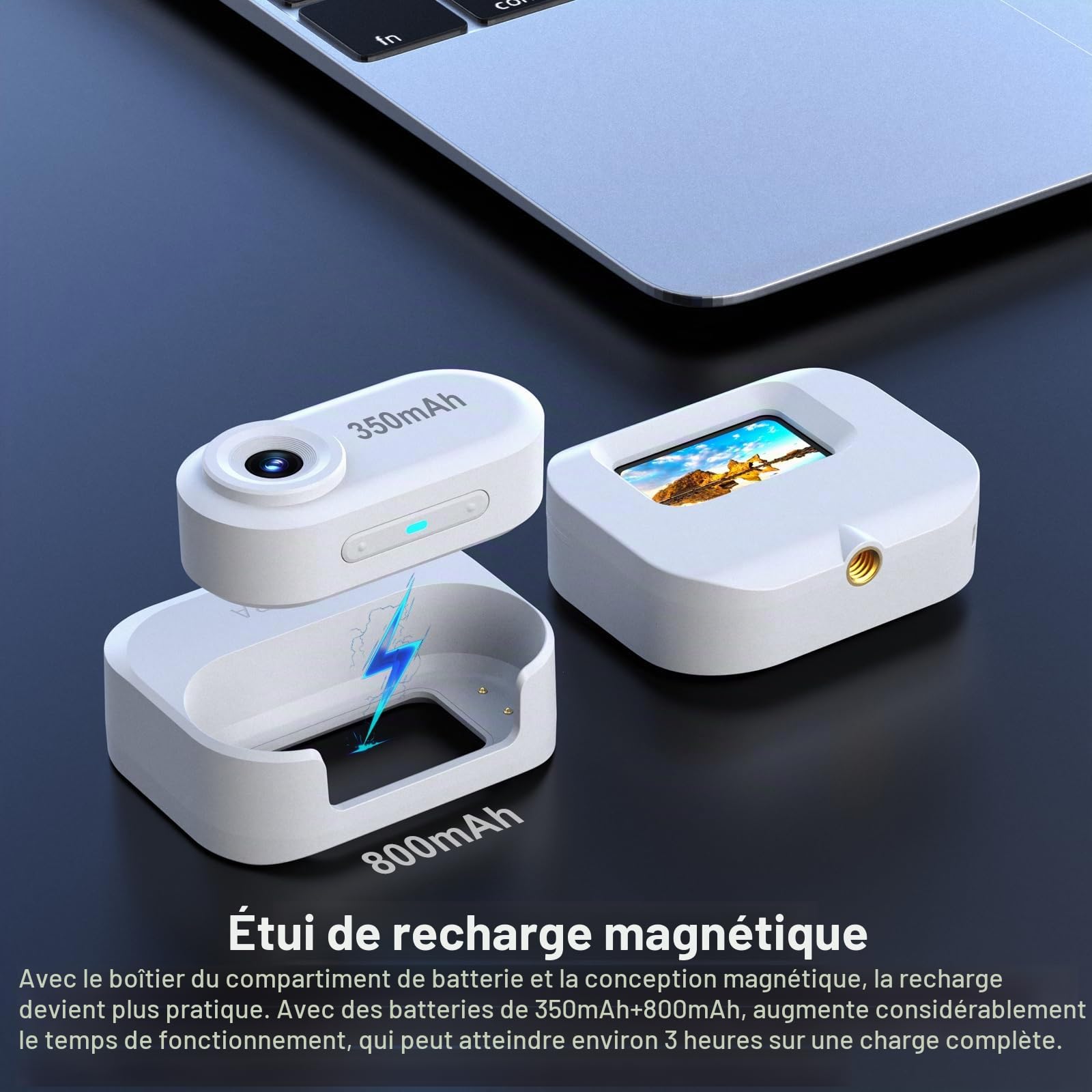 YDI Mini Caméra Portable 1080P pour Corps/Sports/Animaux, Double Batterie avec Magnétique Compartiment de Chargement de Batterie, Collier de Chien, Carte 32G (Blanc)