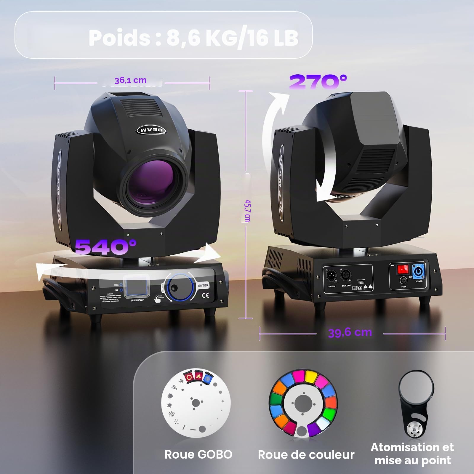 2PCS 230W 7R Beam Lyre LED avec flight case Lumières de scène 17 Gobos 14 Couleur 24 Prisme RGBW Moving Head Jeux de lumiere pour Disco Club Bar Mariage Noël