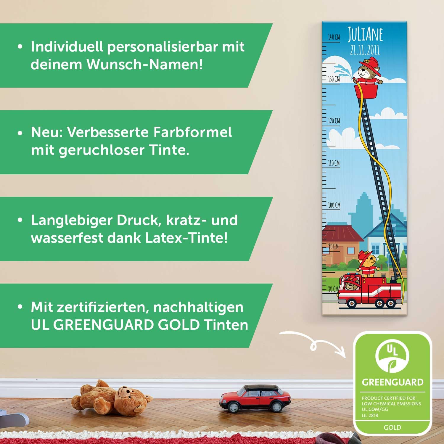 GRAVURZEILE Messlatte für Kinder aus Holz - Feuerwehr Design - mit Namen für Kinderzimmer - Skala misst 80-140 cm - Größe 20 x 70 x 2 cm - Geschenk zur Geburt für Mädchen & Jungen