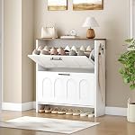 HOOBRO Armoire à chaussures à glissière, rangement étroit avec portes à arches, étagères réglables, organisateur d'entrée pour Hallway, petits espaces, blanc et noyer WH42SC01