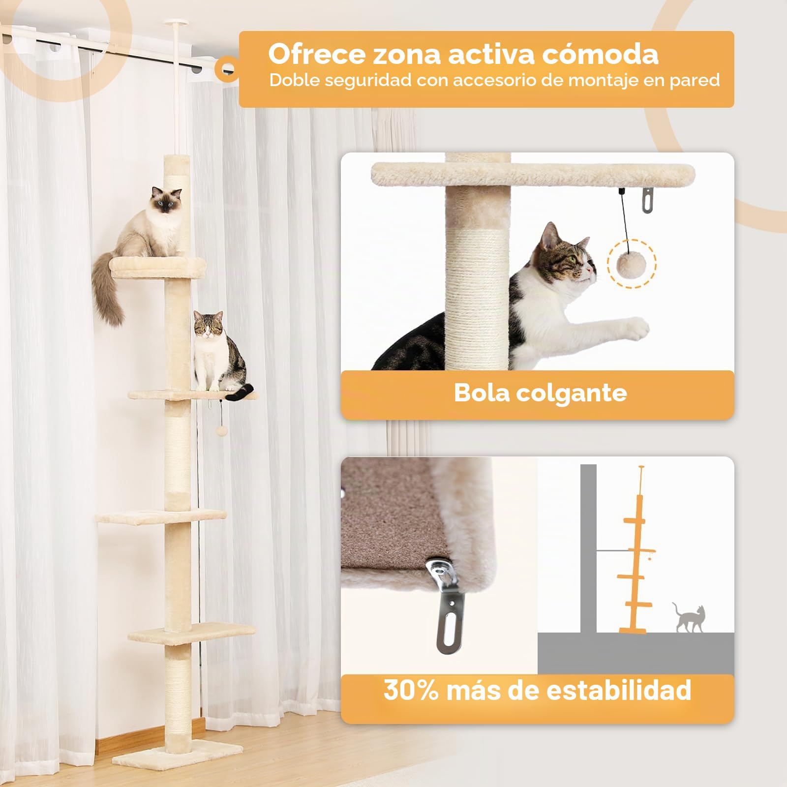 PAWZ Road Cat Tree,Torre de 5 niveles para gatos de piso a techo, altura ajustable, cama acogedora, bola colgante para gatos de interior/gatito