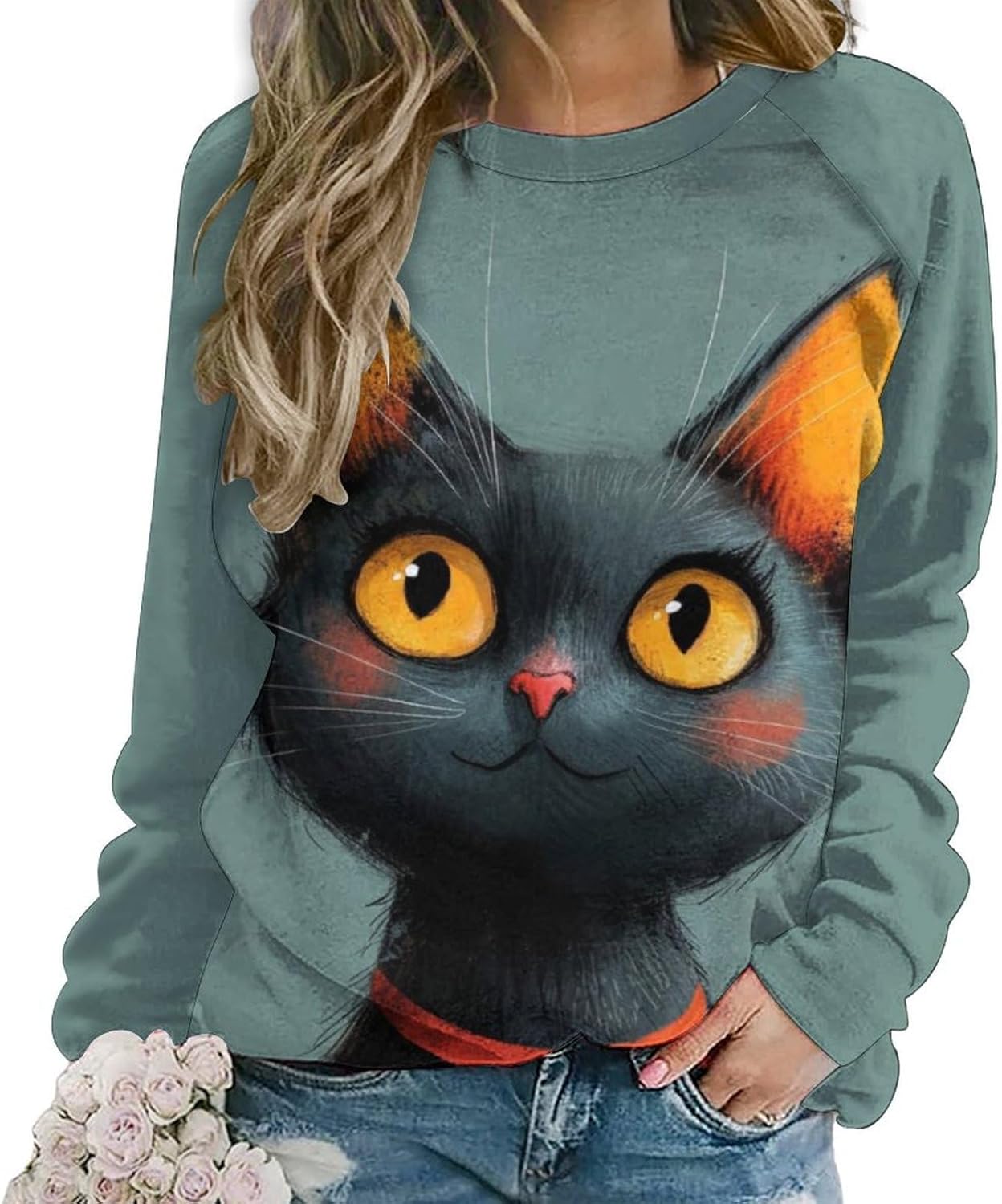 Long Sleeve Shirts for Women Cat Printed Fall Winter Dressy Holiday Casual Fashion ...