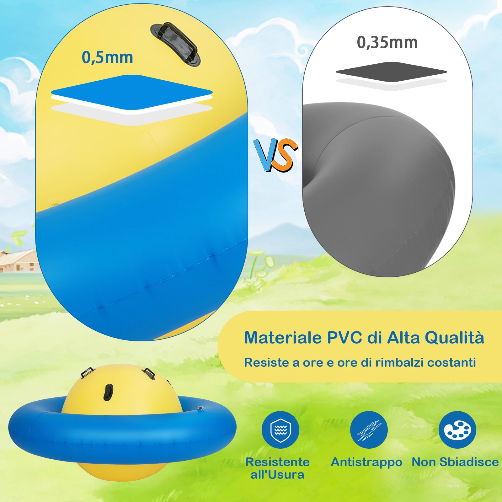 COSTWAY Giostra Gonfiabile a Pianeta per Bambini da 223CM per Inclinare, Arrampicarsi e Saltare con 6 Maniglie Incorporate, Giocattolo Spaziale per Esterno per Bambini dai 5 Anni+ (Giallo+Blu)
