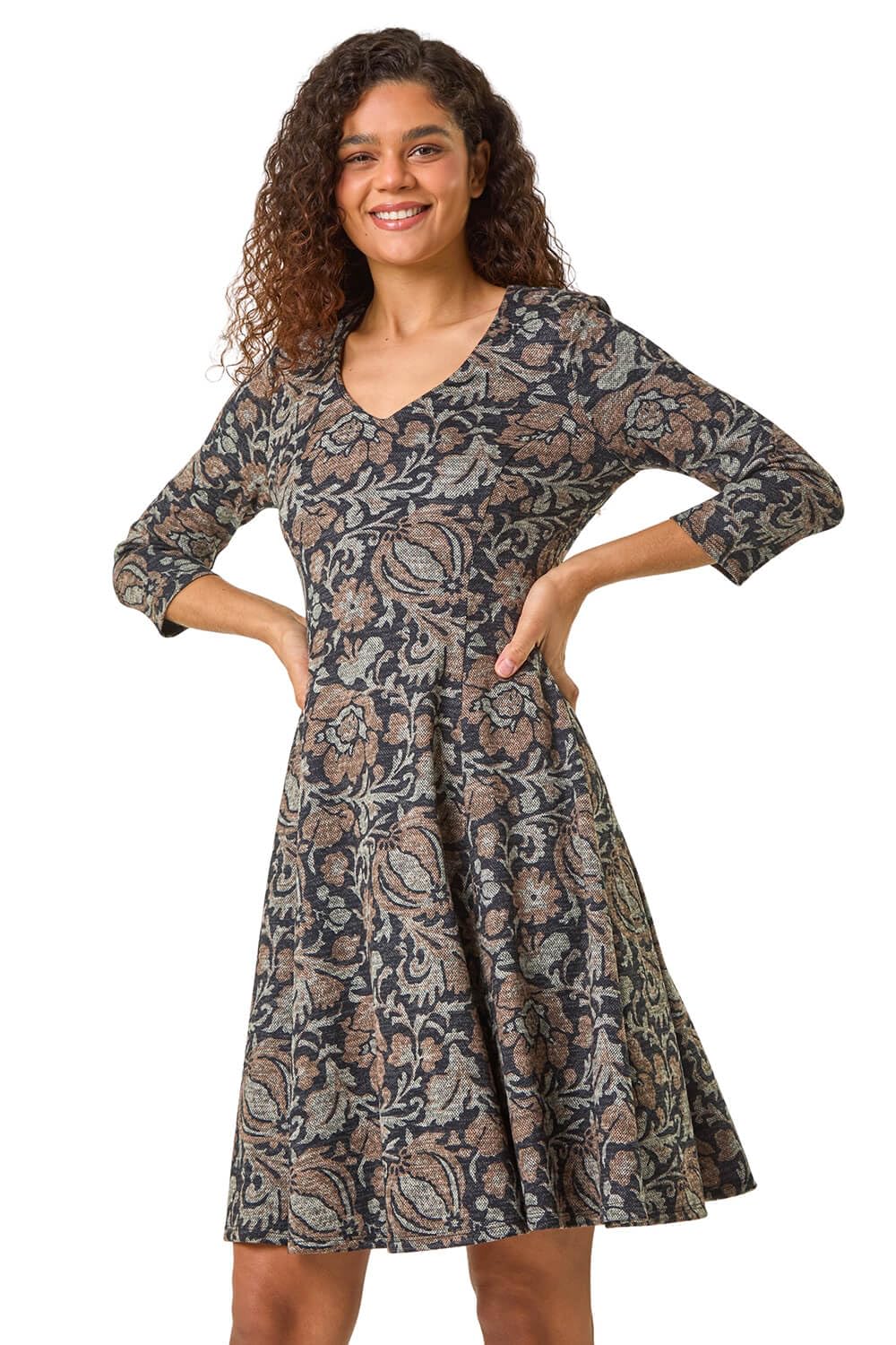 Roman Floral Print Ruched Stretch Dress for Women UK - Ladies Autumn Everyday Winter Holiday V-Neckline Comfy 3/4 Sleeve Soft Fit & Flare Frock Dinner Date Gowns - Mocha - Size 18