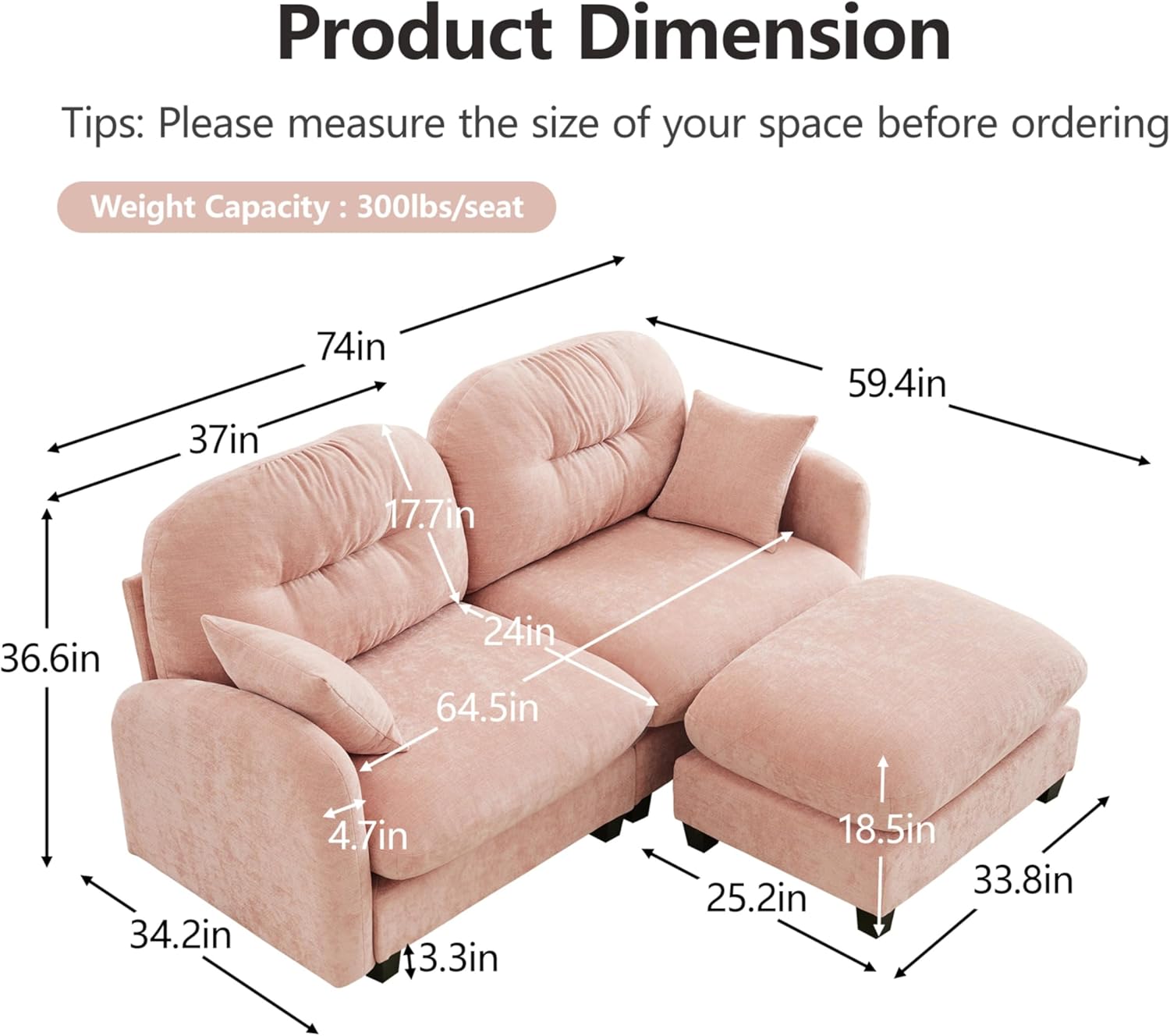 mikibama 74" Chenille Loveseat with Ottoman,Modern Modular Sectional L-Shaped 2 Seater Cloud Sofa with Deep Seat,L Shape Couch with Chaise Lounge Curved Arms for Living Room,Small Spaces(Pink,2S+1O)