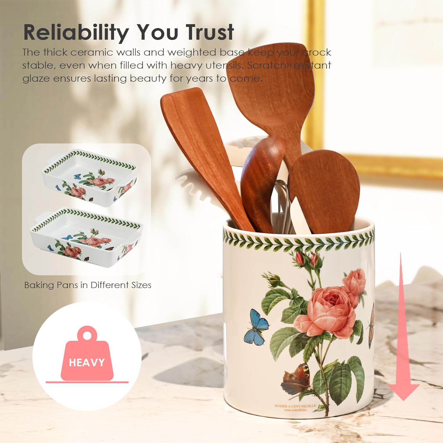 ACMLIFE Extra Large Cooking Utensil Holder, 7.3" Kitchen Utensil Holder for Countertop, Utensil Crock for Farmhouse Kitchen Decor, Ceramic Stable Utensil Caddy, Floral (Rose)