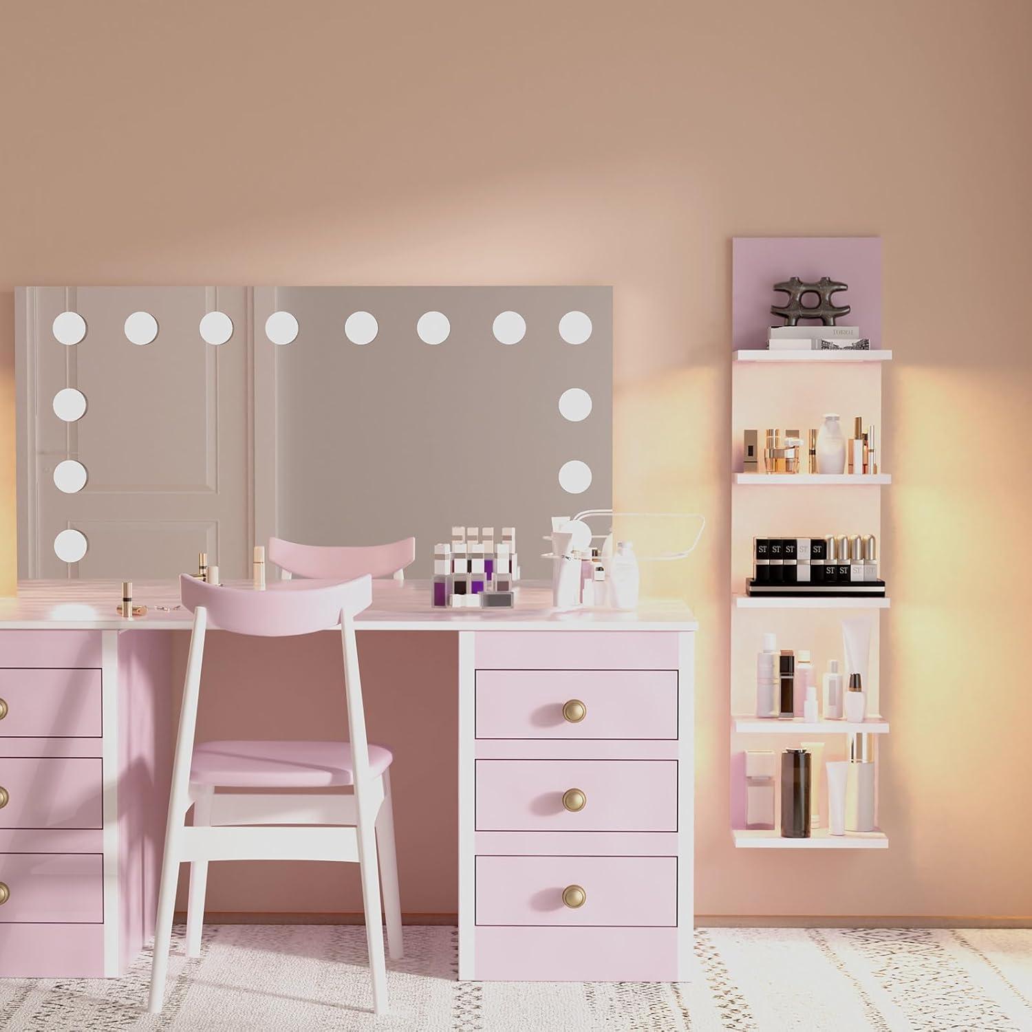 5 Tier Wall Shelves with LED Light, Vertical Column Shelf Floating Storage Home Decor Organizer Tall Tower Design Utility Shelf (Pink)