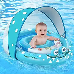 URMYWO Boia de piscina para bebês com proteção solar removível FPS 50+, boias para piscina de 6 a 12 a 24 meses, boia de natação durável com assento ajustável, extra larga, respirável