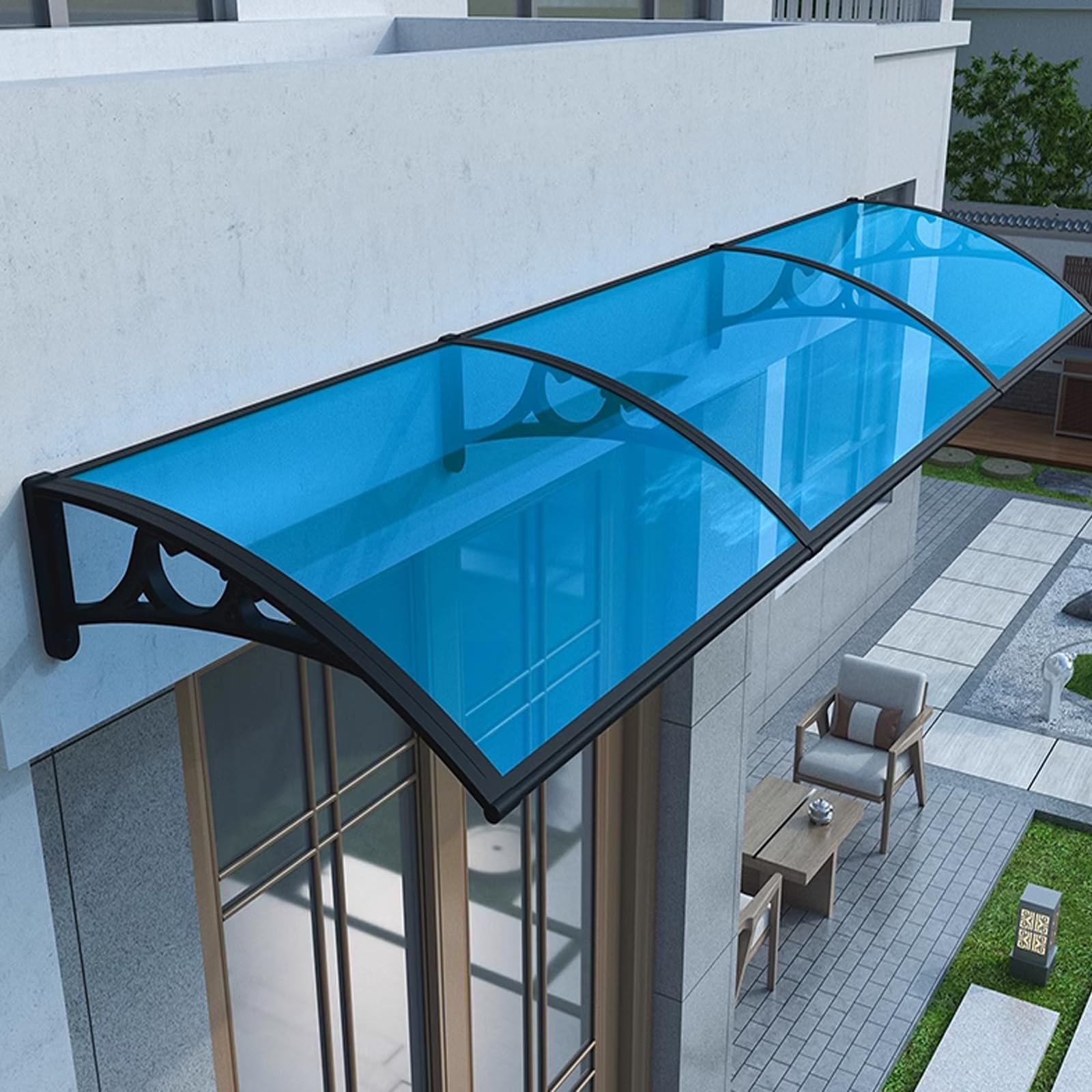 Auvent de porte bleu anti UV pour proteger les balcons de la pluie