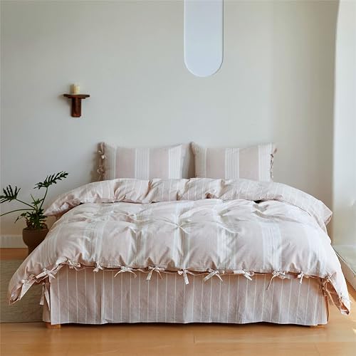 BISELINA Striped Duvet Cover Set 3pcs 100% Washed Cotton Linen Like Textured with Bowknot Bow Ties Strap Reversible Breathable Soft Comfy Chic Yarn Dyed Bedding (King, Cream Tan)