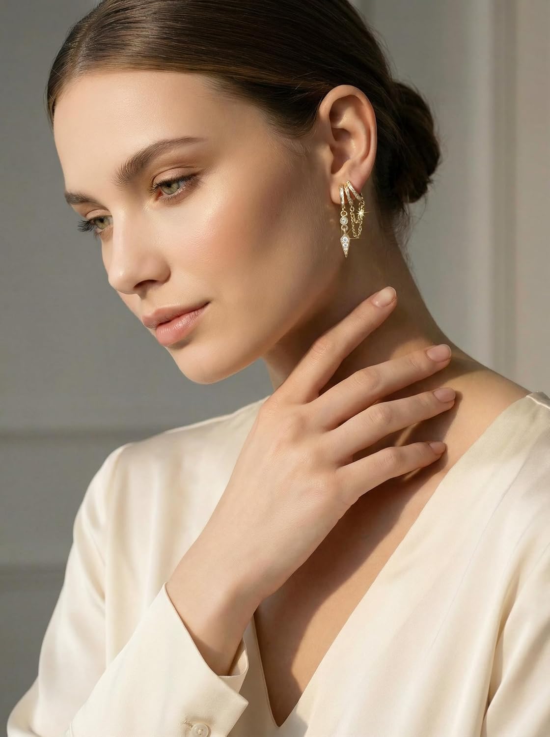 FAN&LOUIS Gold Clip On Earrings for Women, 24K Gold Plated Trendy Triple Huggie Hypoallergenic Non Pierced Earrings Dainty Dangle Chains Drop Painless Lightweight Clip-On Earrings - Image 5