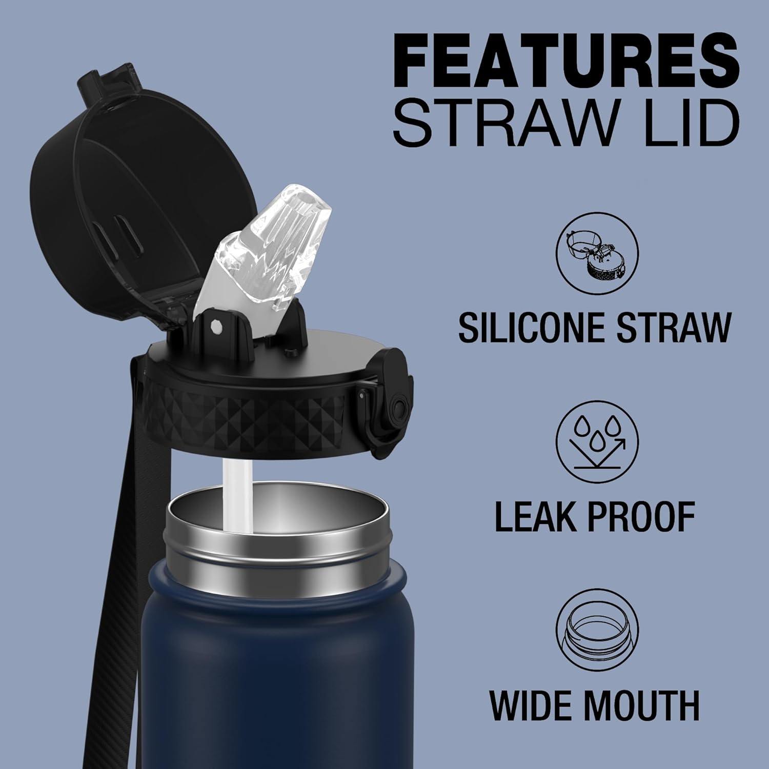 Kids Water Bottle, GOPPUS 14 Oz Stainless Steel Travel Bottle, Double Wall Vacuum Leak Proof Kids Cup for School Boys Girls, Navy Blue - Image 3