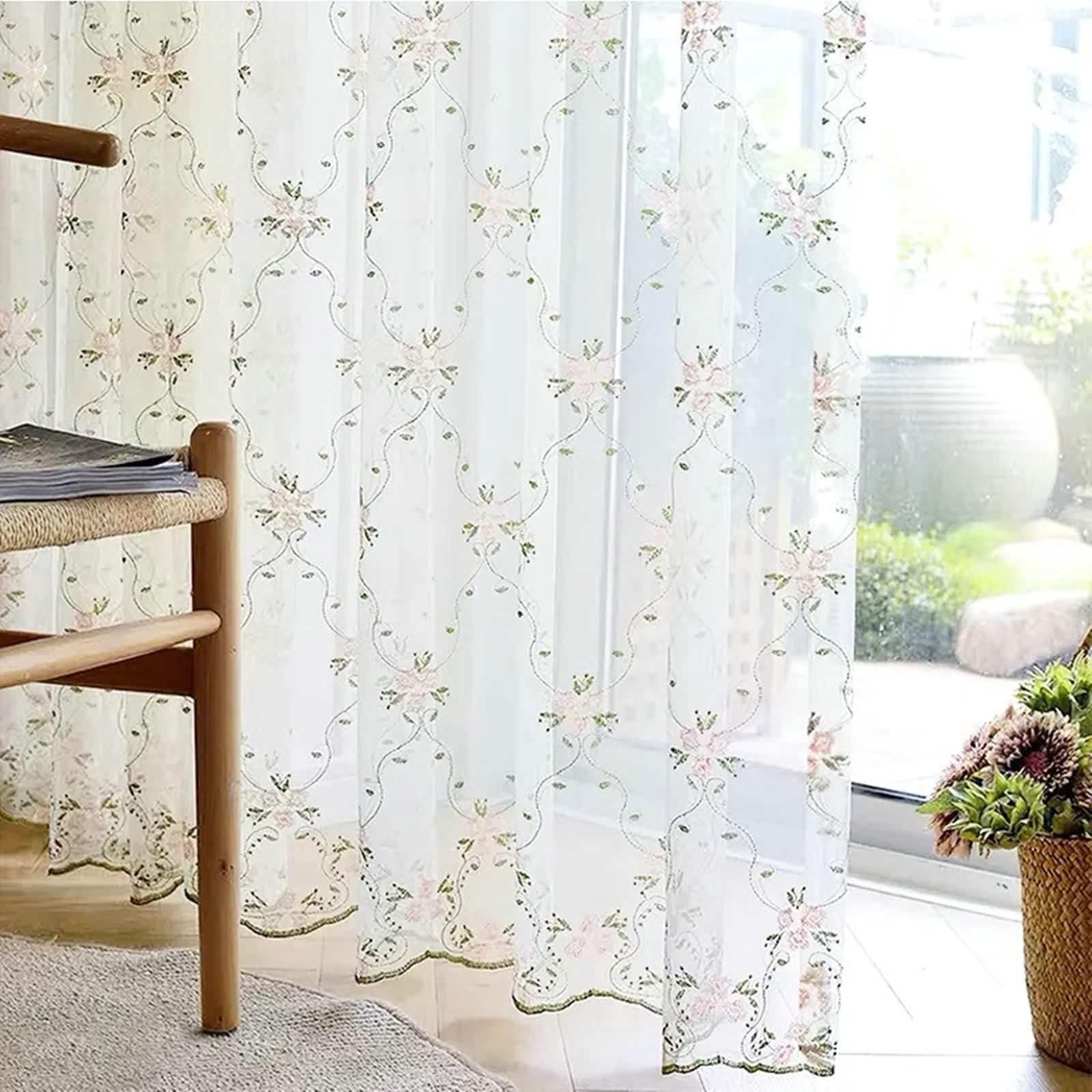 Rideau Fenetre Longue, Voile Rideau Fenetre Blanc Rose Vert Polyester Fleurs et Feuilles Brodées 2 Pièces LxH 300x270cm