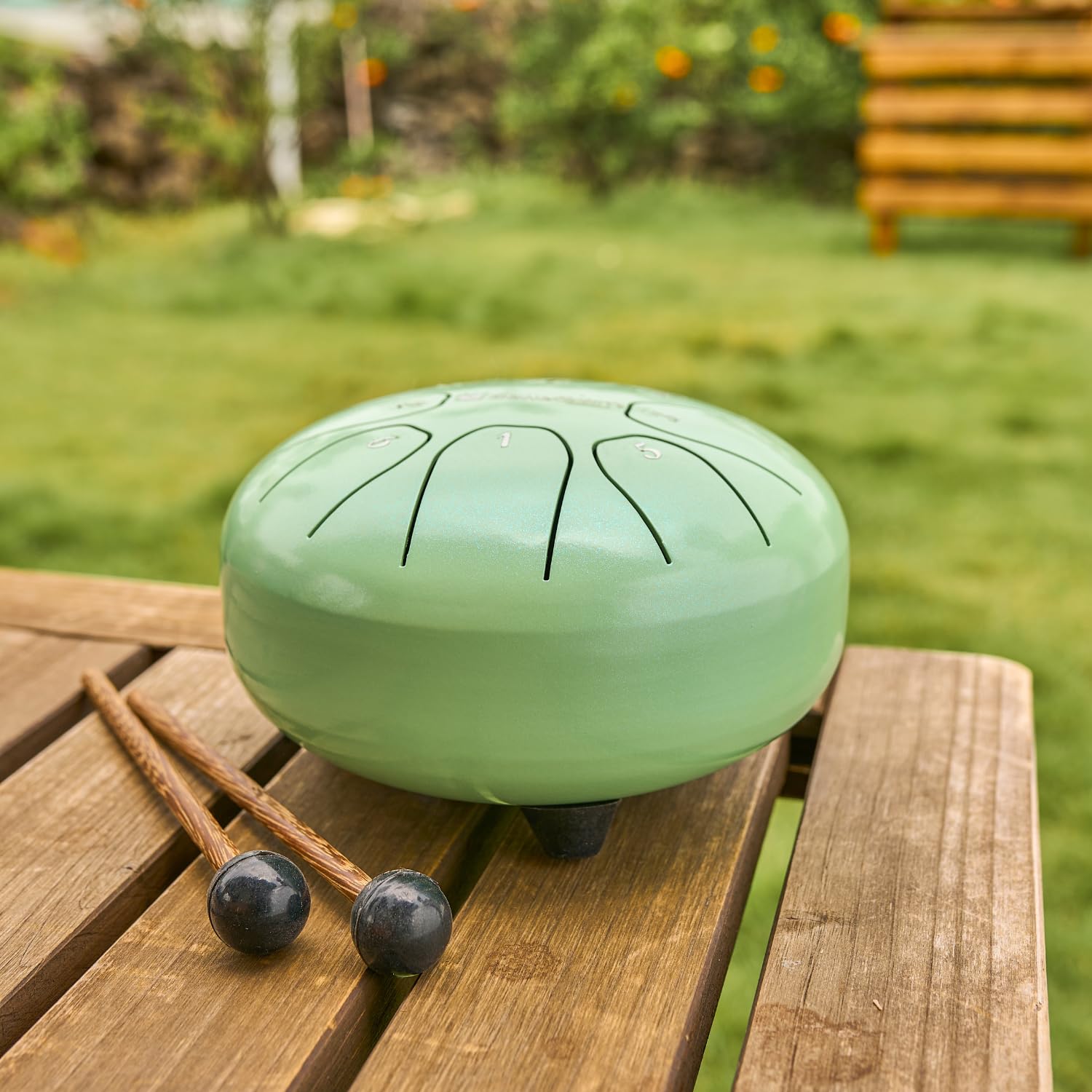 Tongue Drum “Standard C mayor” en verde - diámetro 14cm y 8 notas. Handpan con libro de música, bolsa y mallets. Instrumento de percusión Handpan para niños y adultos - Para meditación y yoga