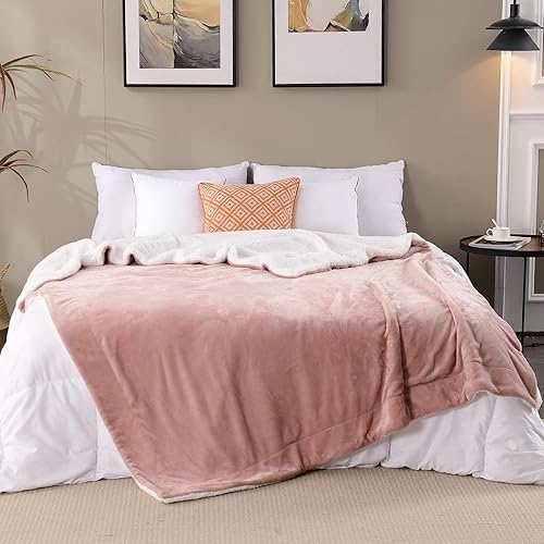 Miniatura 7 de SOCHOW Manta de forro polar Sherpa de doble cara, súper suave, lujosa manta de felpa tamaño individual de 60 x 80 pulgadas, color rosa polvoriento