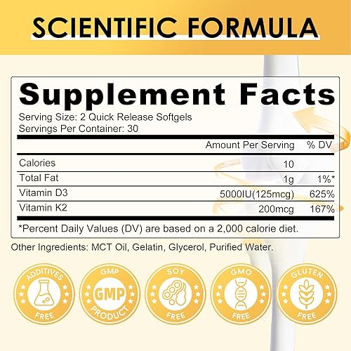 Miniatura 9 de Suplemento de vitamina D3 K2 con vitamina D3 5000 UI, 200 mcg de vitamina K2 MK-7 y aceite de coco natural, fórmula 2-1 a base de plantas para apoyo
