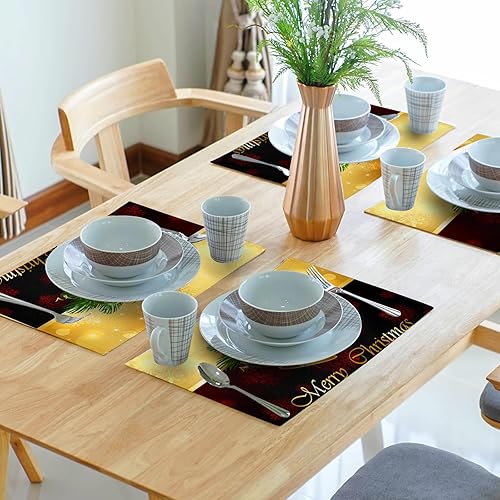 Miniatura 7 de Giwawa Juego de 4 manteles individuales de Feliz Navidad, copos de nieve de invierno, campanilla roja con lazo para cocina, comedor, decoración de