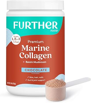 Further Food Chocolate Marine Collagen Peptides Powder with Reishi Mushroom, Wild-Caught Sustainably Sourced Fish, Hydrolyzed Type 1, 2 & 3, 7.41 Oz