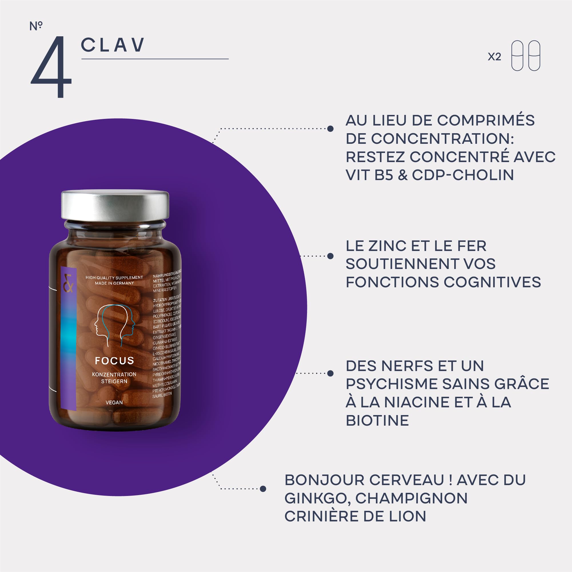 N°4 FOCUS - Supplément Nootropique - Brain Booster améliore la Memoire et Concentration - avec Citicoline + Ginko Biloba + Bacopa Brahmi - 60 Gélules Végan - CLAV Nootropics