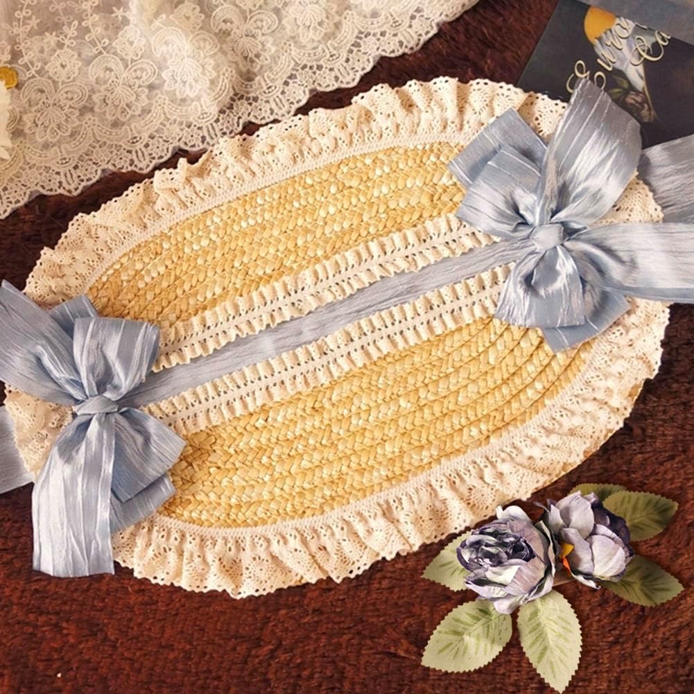 Girls Women Victorian Lolita Flat Bonnet Cap Tea Party Sun Hat Lace Bows Flower Ribbons Straw Hats - Image 2