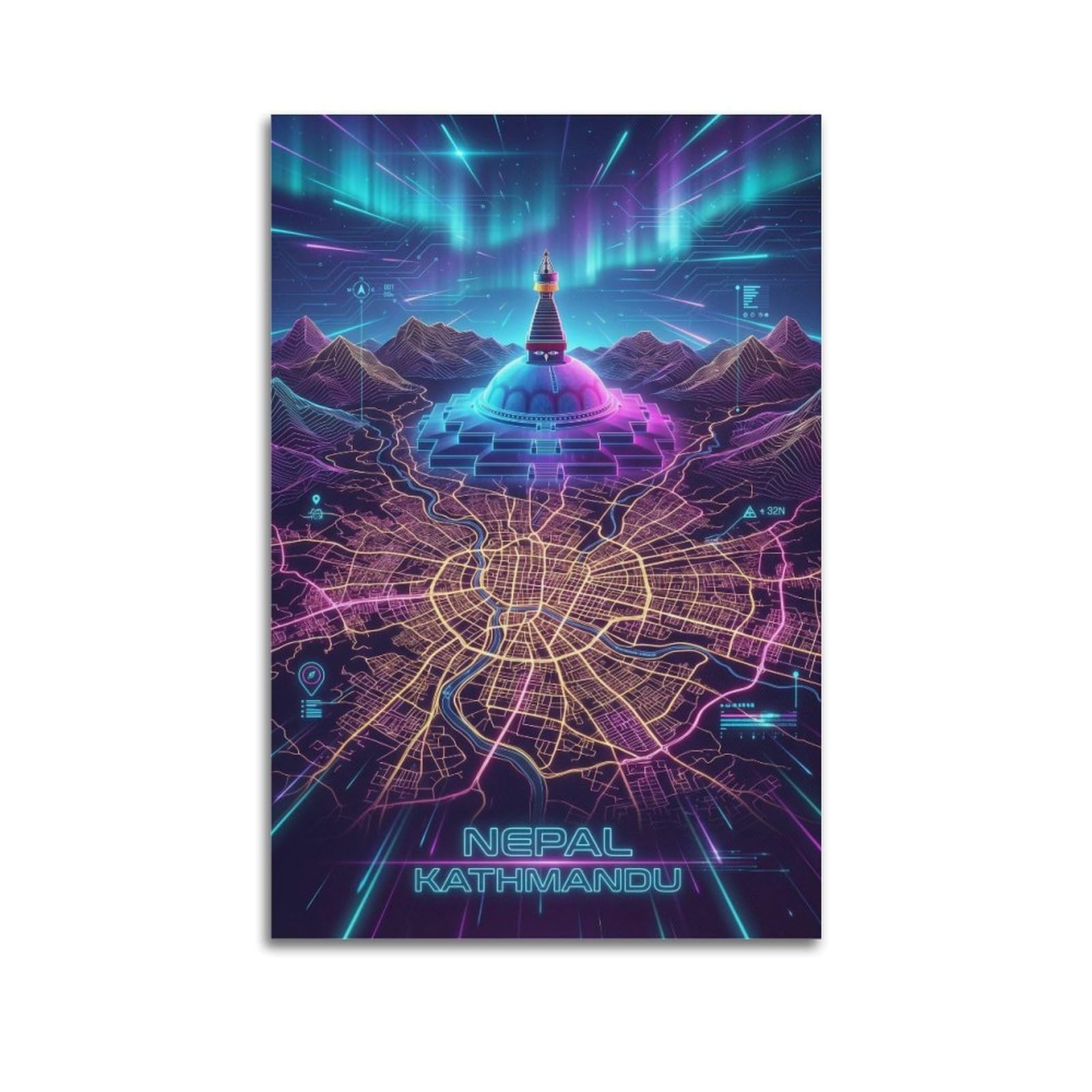 XKUGA Nepal Kathmandu 80s Neon Map Gamer Room Poster Modern Decorative Canvas Prints - Ideal Wall Art for Family, Man Cave, Game Room, Boys & Girls Bedroom 16x24inch(40x60cm)