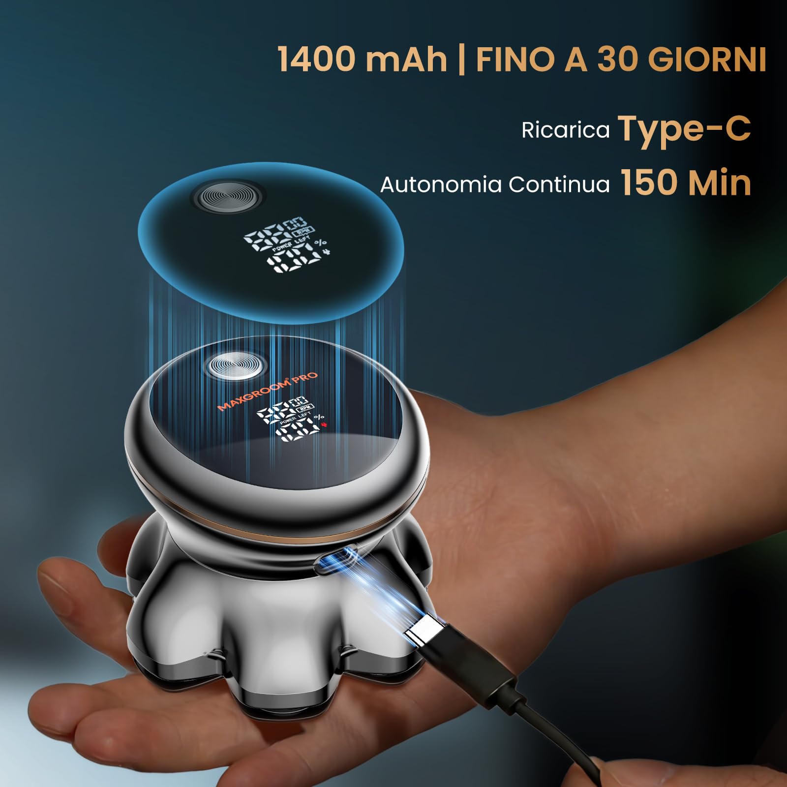 MAXGROOM PRO 7D Rasoio Testa Calva 2 Velocità, Rasoio Elettrico Capelli Uomo Rasa Capelli Uomo a Zero Assoluto, Shaver Capelli, Regalo per Papà e Marito (Argento)