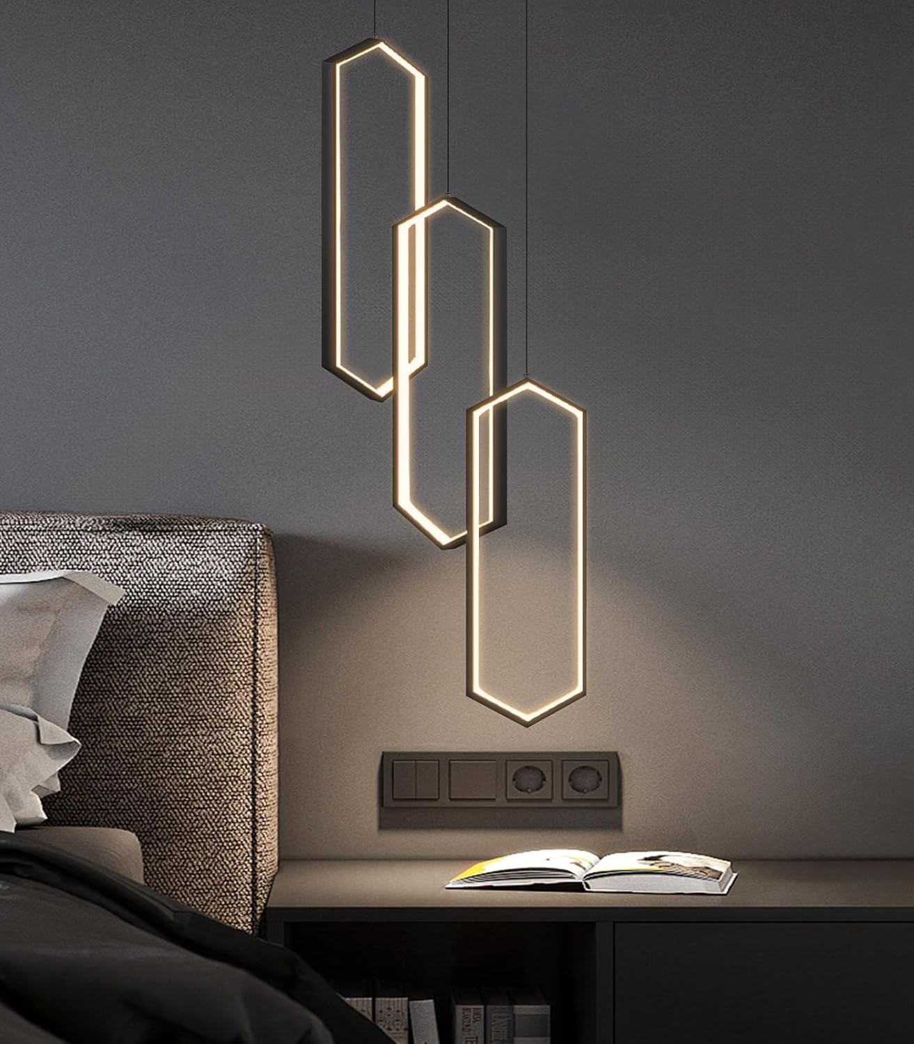 3 Rings Modern Chandelier LED Dimmable Pendant Lighting Adjust Ceiling Light for Dining Room Foyer Lobby Living Room Staircaes Black Black 20in x 9.4in x 59in