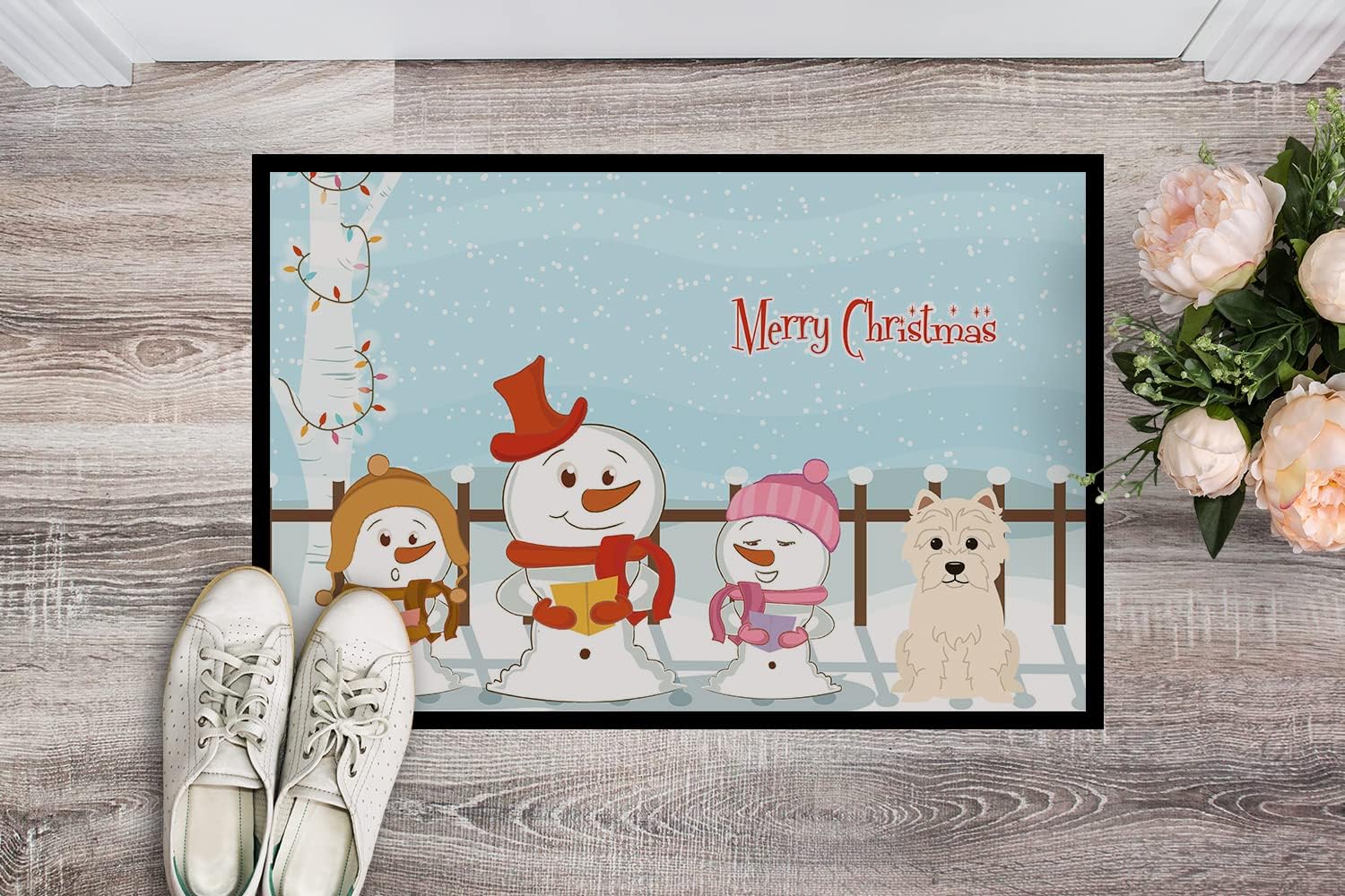 Caroline's Treasures BB2373MAT Merry Christmas Carolers Westie Doormat 18x27 Front Door Mat Indoor Outdoor Rugs for Entryway, Non Slip Washable Low Pile, 18H X 27W