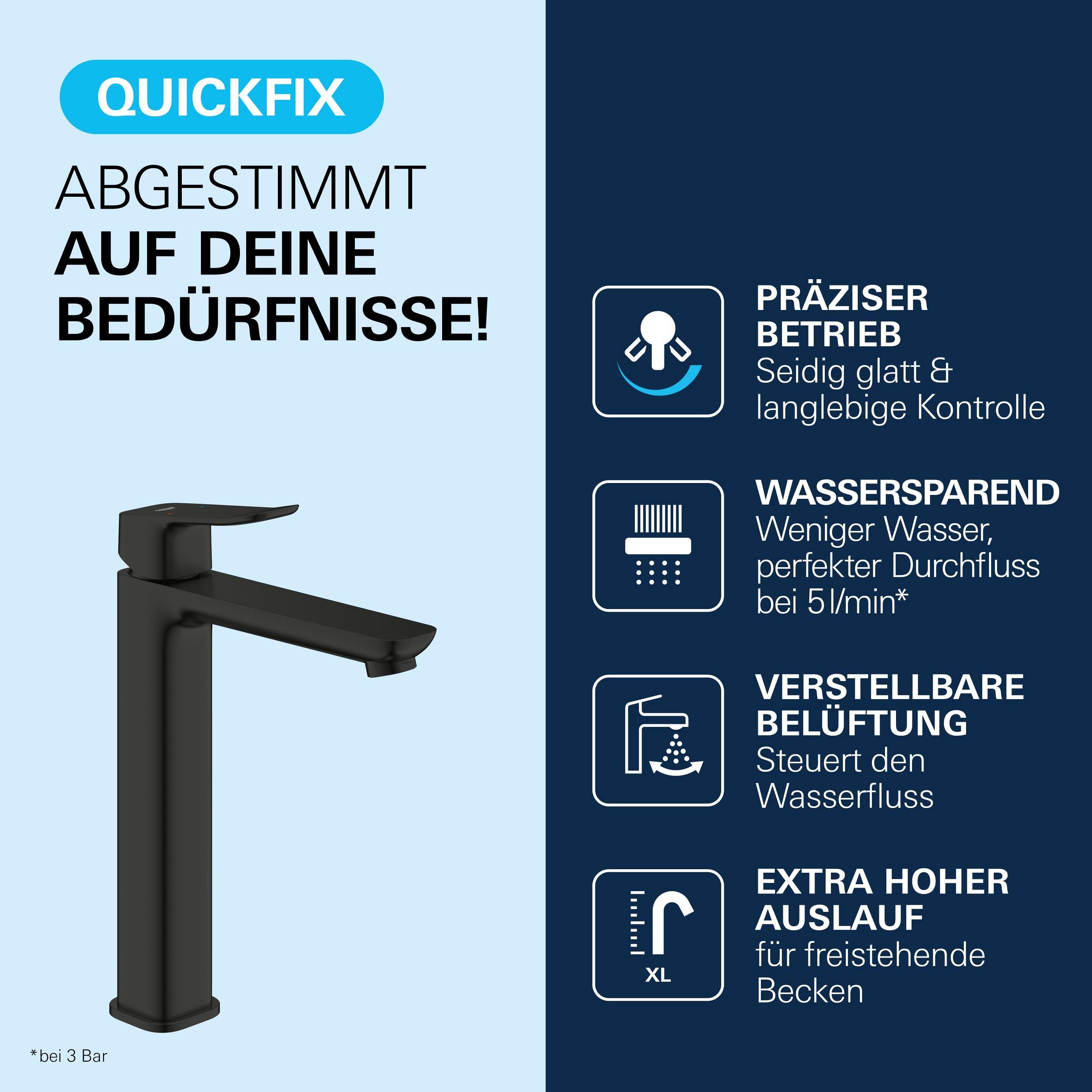 GROHE Dice, Waschtischarmatur hoch, wassersparend (Wasserhahn für das Bad, Badarmatur mit Zugstangen-Ablauf, 27cm hoch, 3in1 Werkzeug, einfache Installation am Waschbecken), mattschwarz, 1018922430
