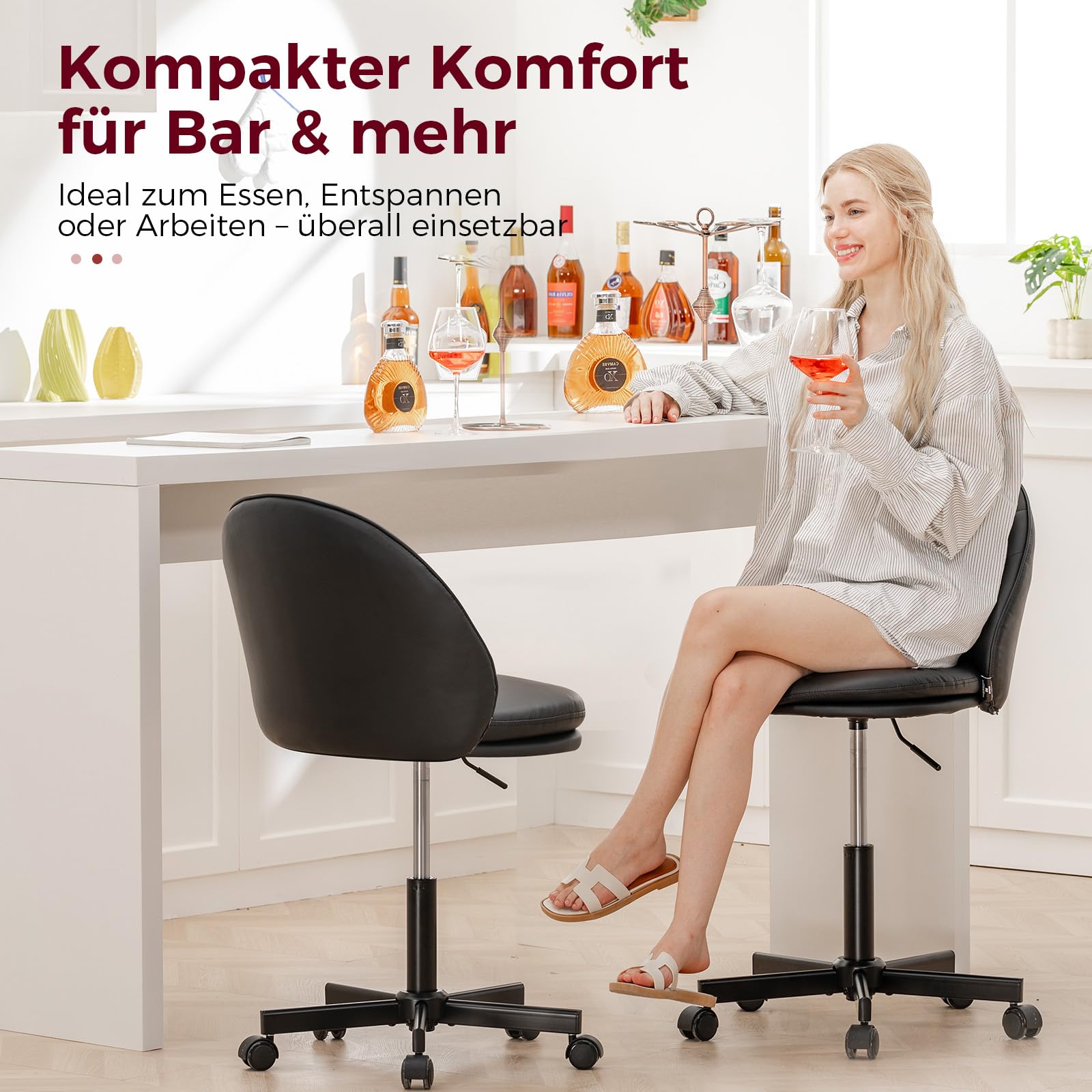 COMHOMA Homeoffice Stuhl, Schminkstuhl, Schreibtischstuhl ohne Armlehnen, Drehstuhl mit Rückenstütze, Bequemer Bürostuhl auf Rollen, Höhenverstellbarer Home Office Stuhl,Kunstleder schwarz