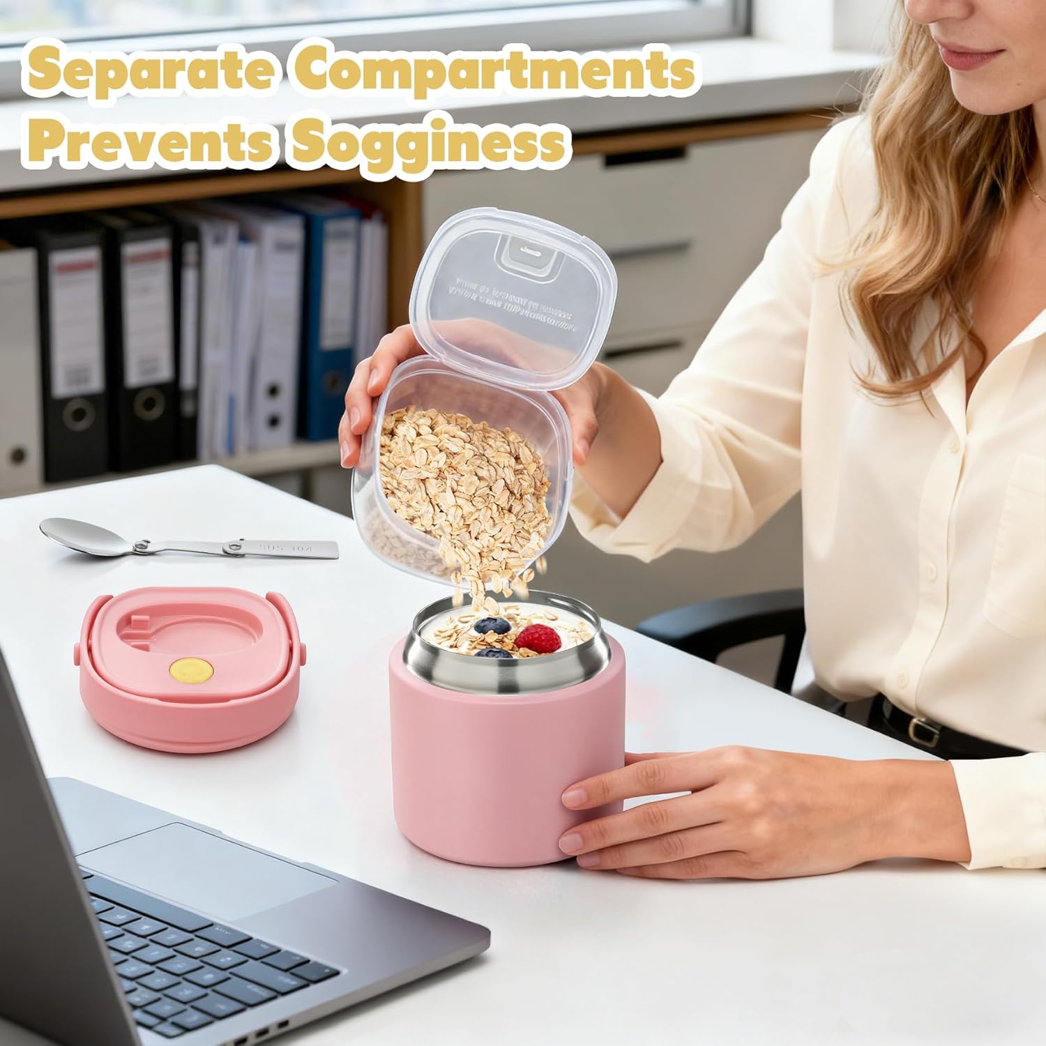2 - in - 1 Soup Thermo for Hot Food 14oz with Snack Box Container Leak Proof Insulated Lunch Container Kids and Adults Stainless Steel Double Wall Vacuum Wide-mouth Thermal with Spoon and Handle - Image 2