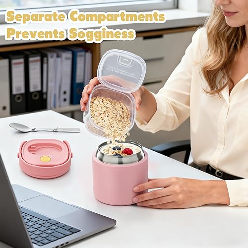 Miniatura 2 de 2 en 1 Termo de sopa para alimentos calientes de 14 onzas con contenedor de snacks, contenedor de almuerzo aislado a prueba de fugas para niños y