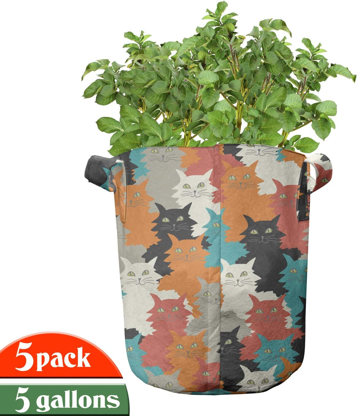 Ambesonne Kittens Grow Bags 5-Pack, Funny and Colorful Cats, Heavyduty Fabric Pots with Handles for Plants, Multicolor