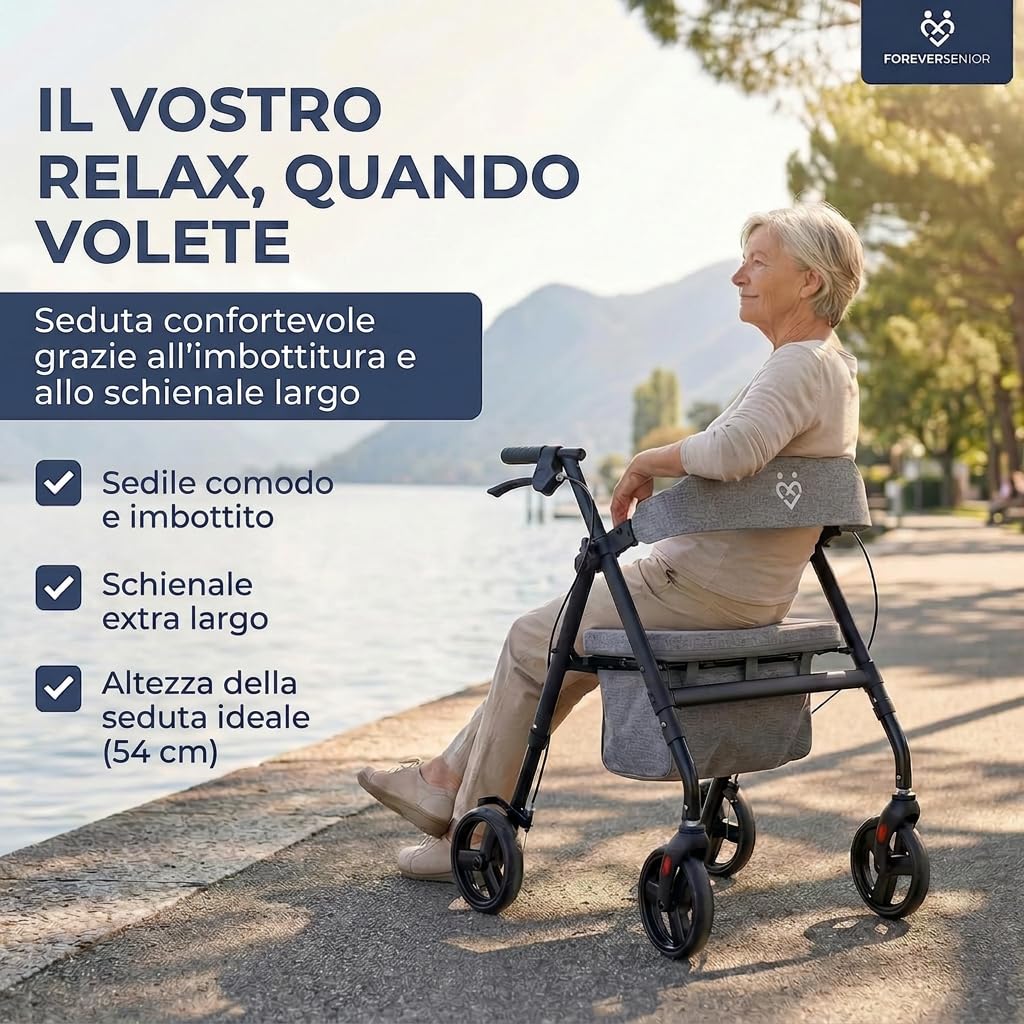 Deambulatore Rollator Pieghevole Leggero 9 kg con Seduta – Girello per Anziani in Acciaio, Borsa e Schienale Imbottito, Design Stretto per Interno ed Esterno
