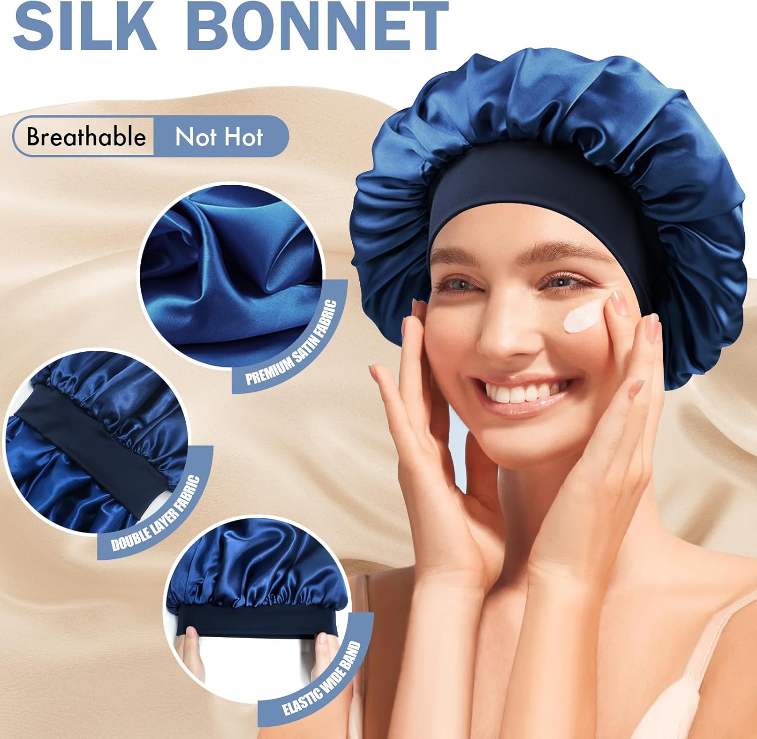 Satin Silk Bonnet for Sleeping, Double Layer Silk Sleep Cap for Men & Women, Soft Satin Lined Bonnet for Curly Hair - Image 3