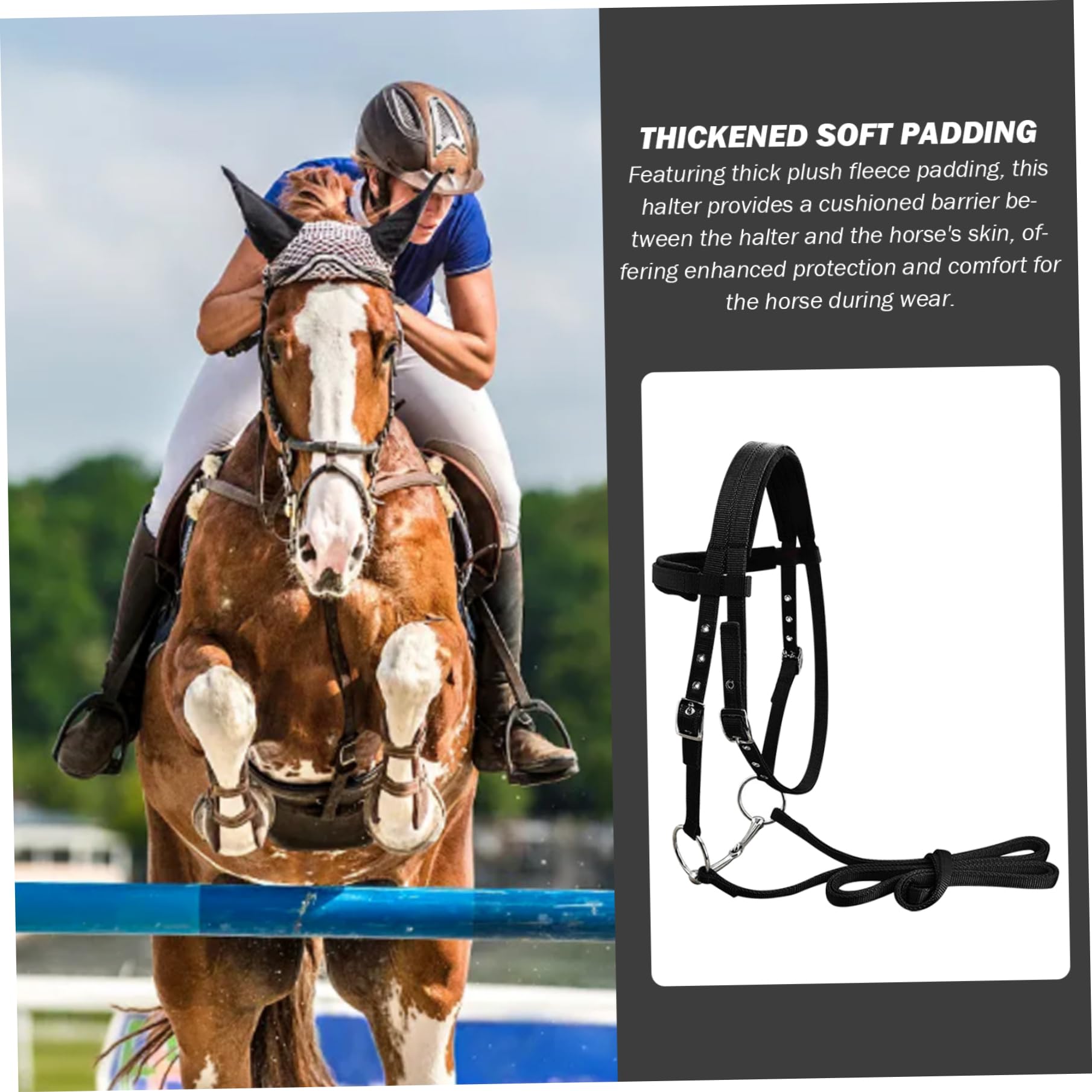 Cavezza per cavallo Cavezza regolabile spessa nera con hardware cromato Cavallo imbottito per da 1, 45 a 1, 6 metri/da ​​57 a 63 (grande)
