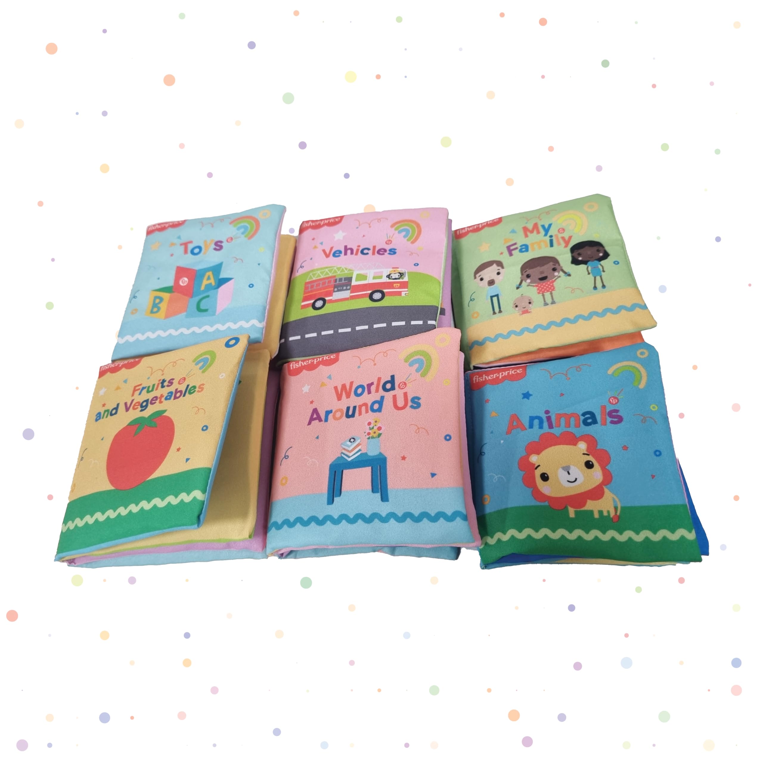 Set di 6 libri di stoffa per bambini, animali, famiglia, giocattoli, frutta e verdura, veicoli