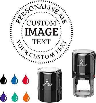Personalised Stamp with Base, Custom Logo Self-Inking Rubber Stamp, 6 Ink Colours for Teacher, Office, School, Small Business Packaging 40mm / 45mm