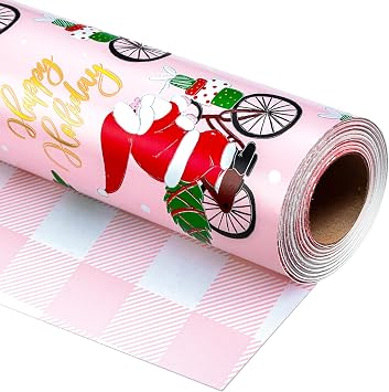 Burymento Pink Christmas Wrapping Paper, Funny Santa on Bicycle Wrapping Paper, Reversible Pink Plaid Pattern Gift Wrap for Kid, Girl Christmas, Holiday, Mini Roll 17 Inch X 32.8 Feet