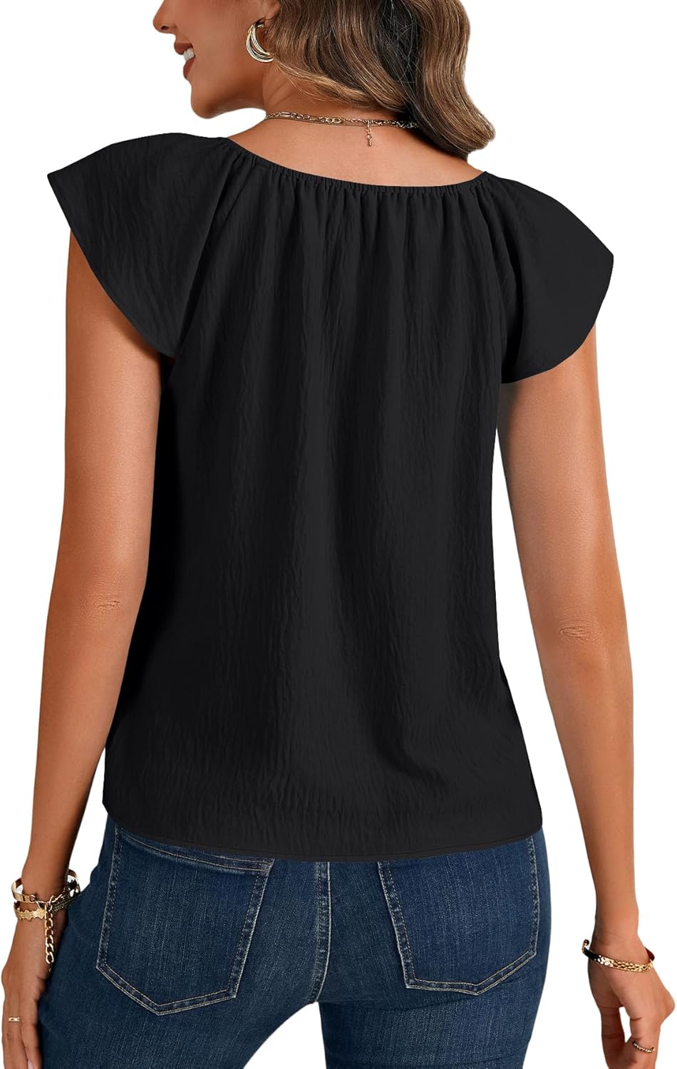 Rooscier Women's Button Down Ruffle Short Sleeve Scoop Neck Flare Basic Casual Blouse Top - Image 5