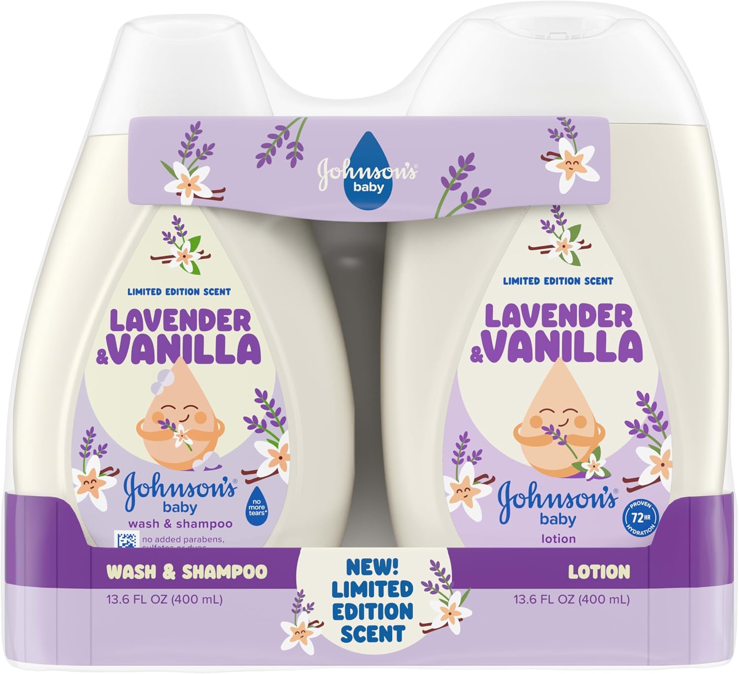 Johnson’s Baby Lavender & Vanilla Scent Wash & Shampoo + Lotion Bundle | Limited Edition Baby Wash & Shampoo, Lavender & Vanilla Scent, No Added Parabens, Dyes, & Sulfates, Pediatrician Tested