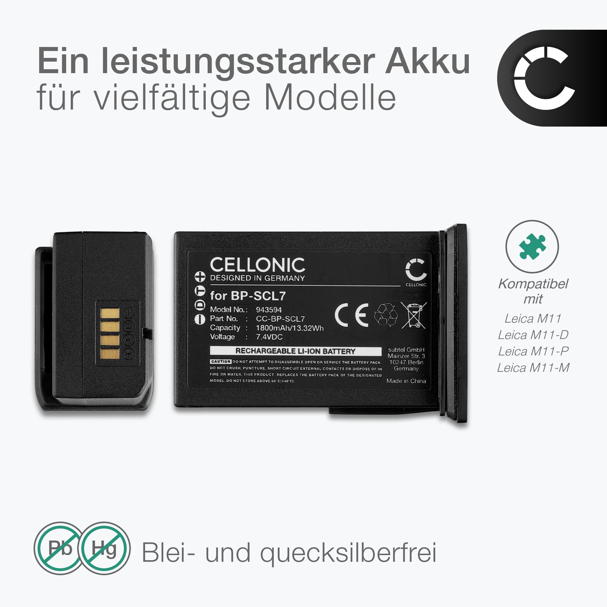CELLONIC Batteria Compatibile con Leica M11, Glossy, BP-SCL7 | 1x, (1800mAh-7.4V-Lithium-Ionen), Kamera Akku