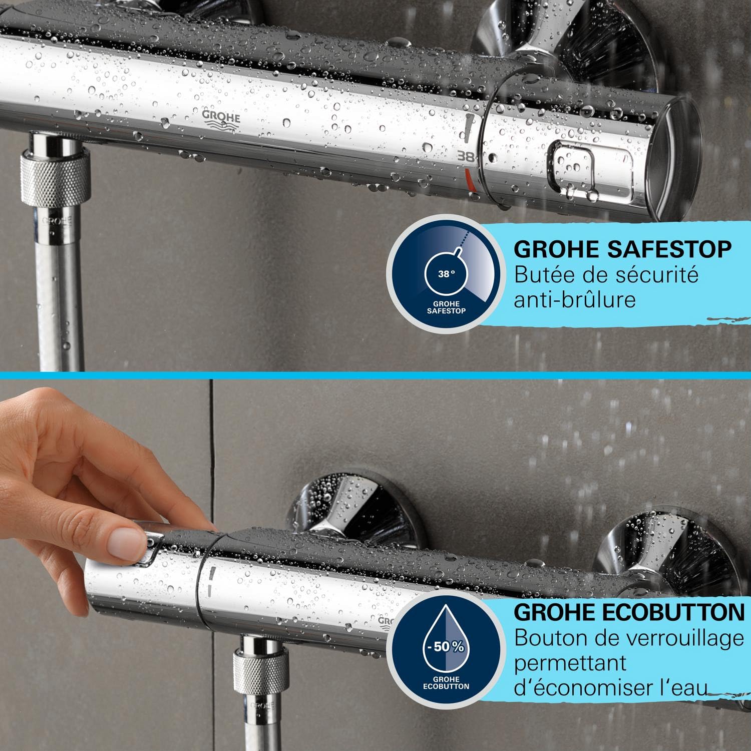 GROHE Precision Start Mitigeur Thermostatique Douche, Ensemble de Douche 1 jet avec barre 90cm, Economie d'Eau, Flexible 1,75m, Chromé, 34854001