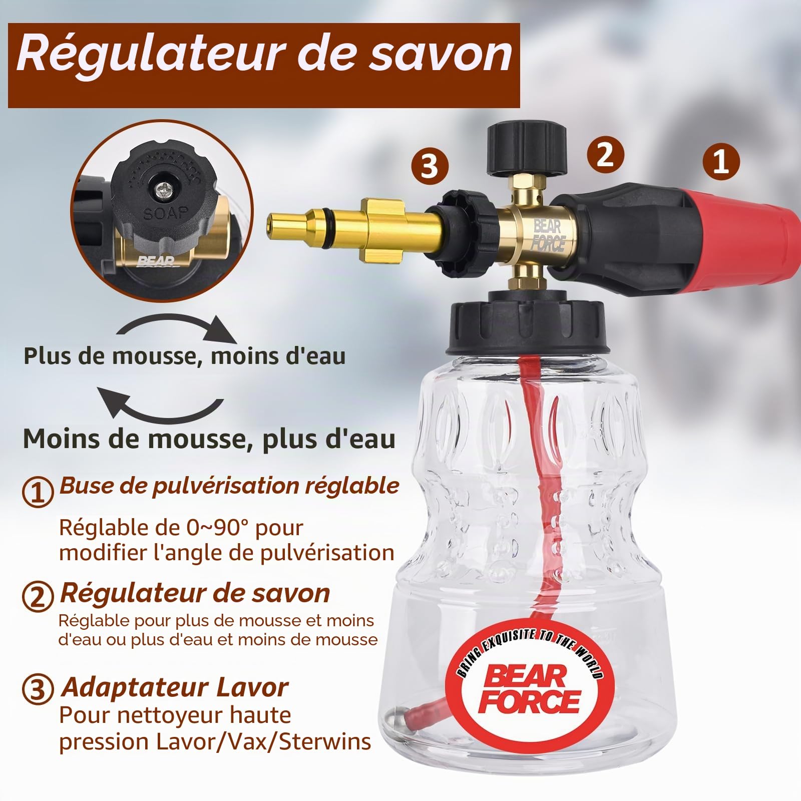 BEAR FORCE - Lance à mousse de neige pour nettoyeur haute pression, compatible avec Lidl, Vax, Parkside, Sterwins, Deko, Champion, mousse plus épaisse réglable à 360°, lavage de voiture, détails de