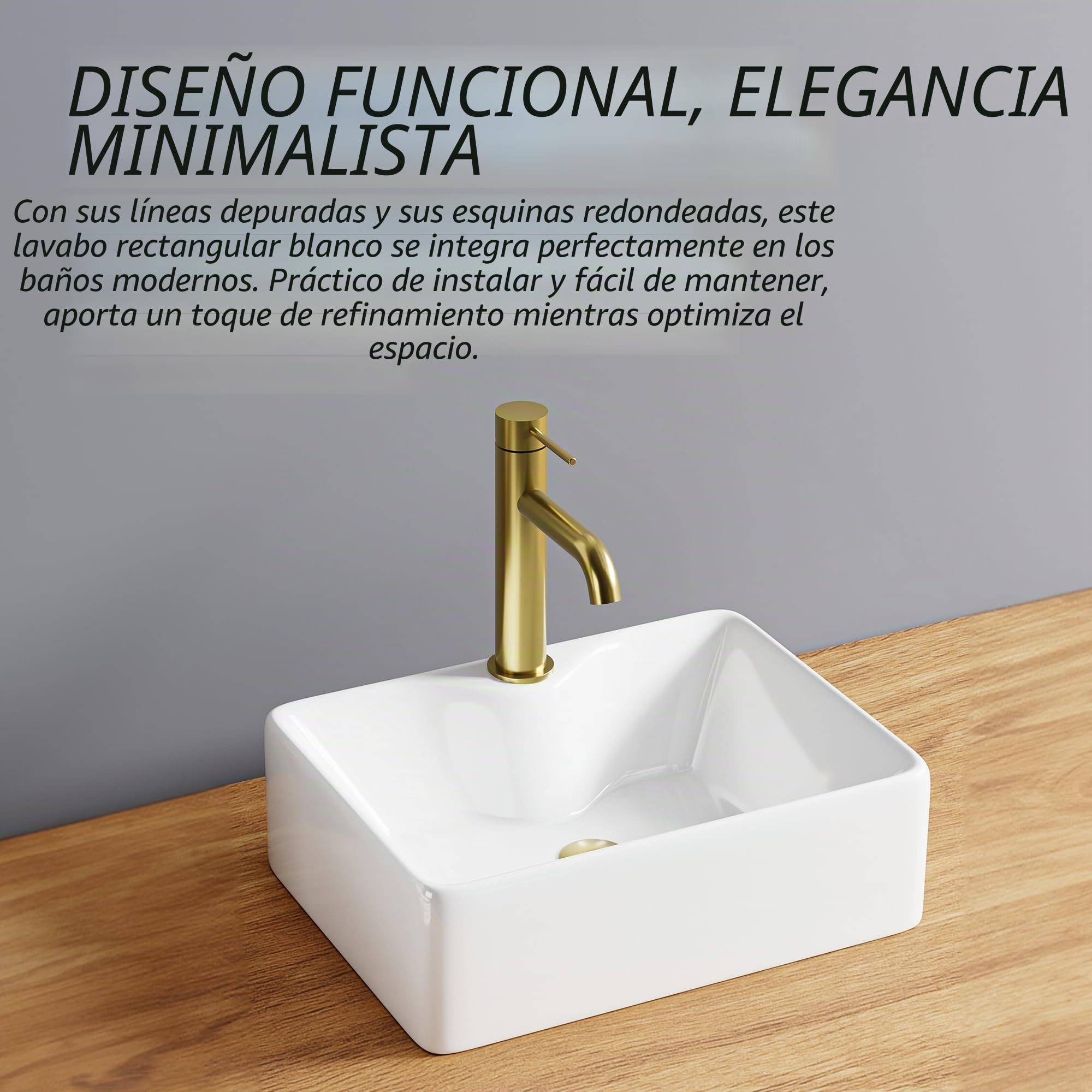 Lavabo rectangular de cerámica blanca 40 x 30 x 13 cm - Lavabo con playa para mezclador - Diseño moderno con esquinas redondeadas - Ideal para cuarto de baño contemporáneo - Mantenimiento